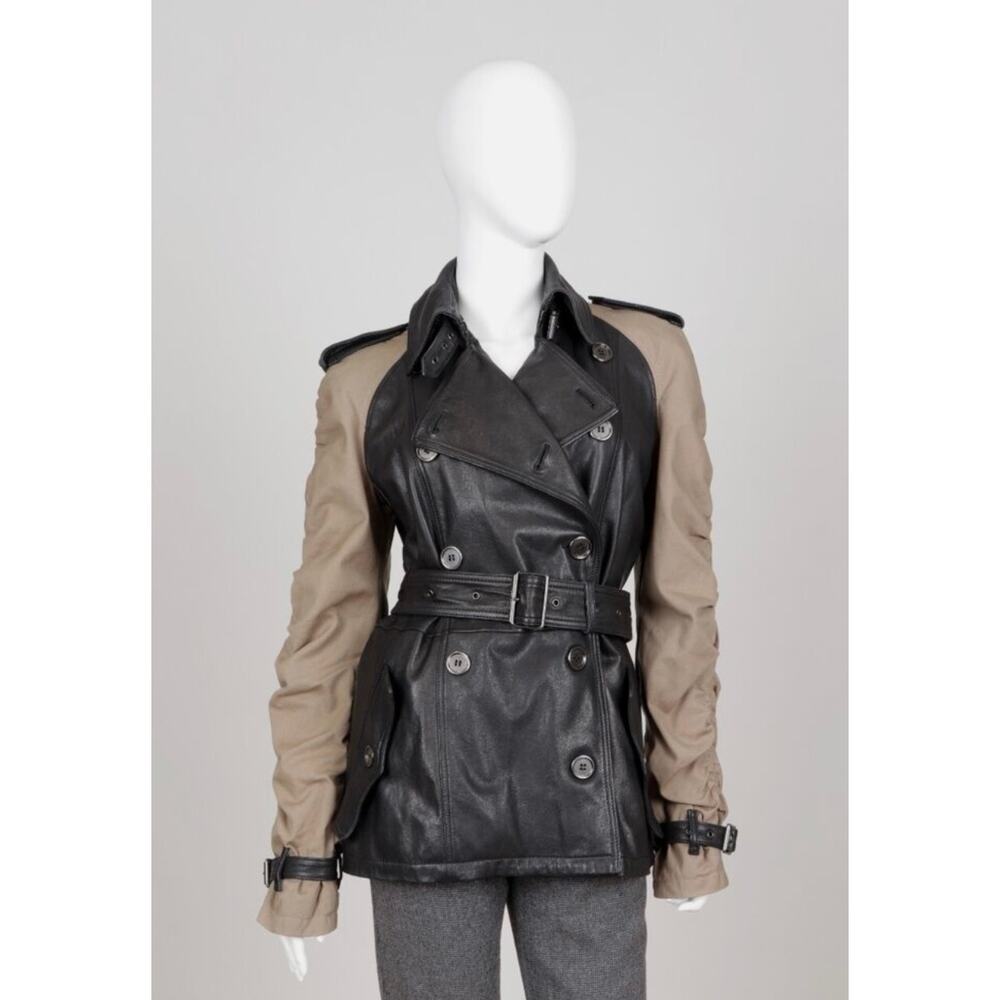 Burberry Brit Black Brown Leather Cotton Belted Jacket FR36 BR36 170/80a
